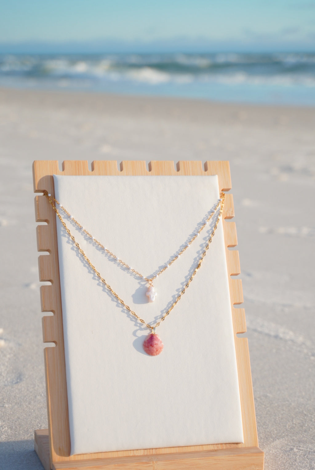 Double-Layered Pearl Cross & Seashell Necklace