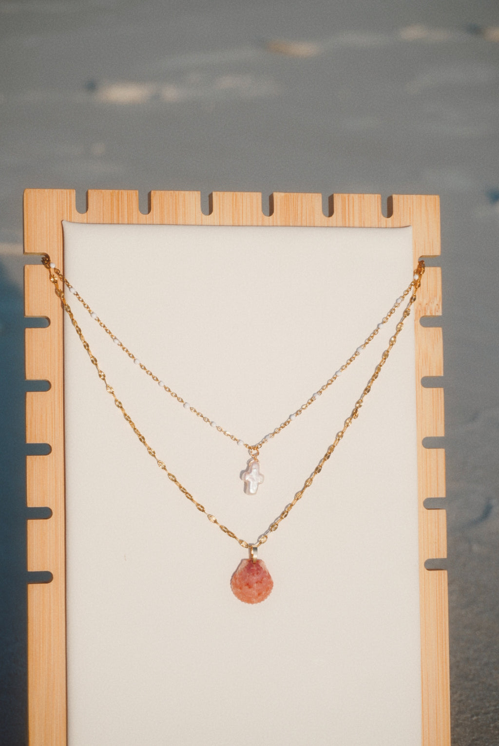 Double-Layered Pearl Cross & Seashell Necklace