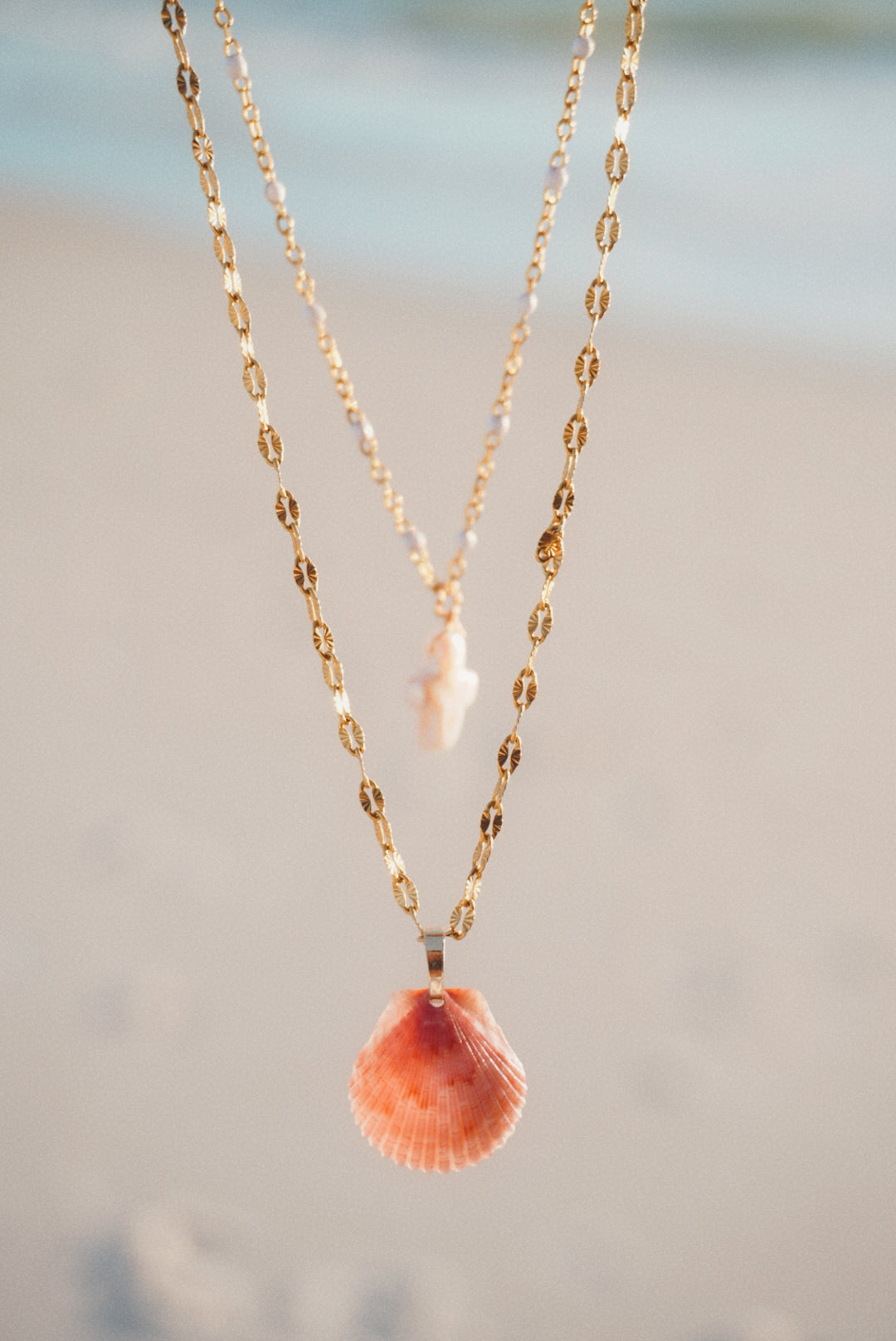 Double-Layered Pearl Cross & Seashell Necklace
